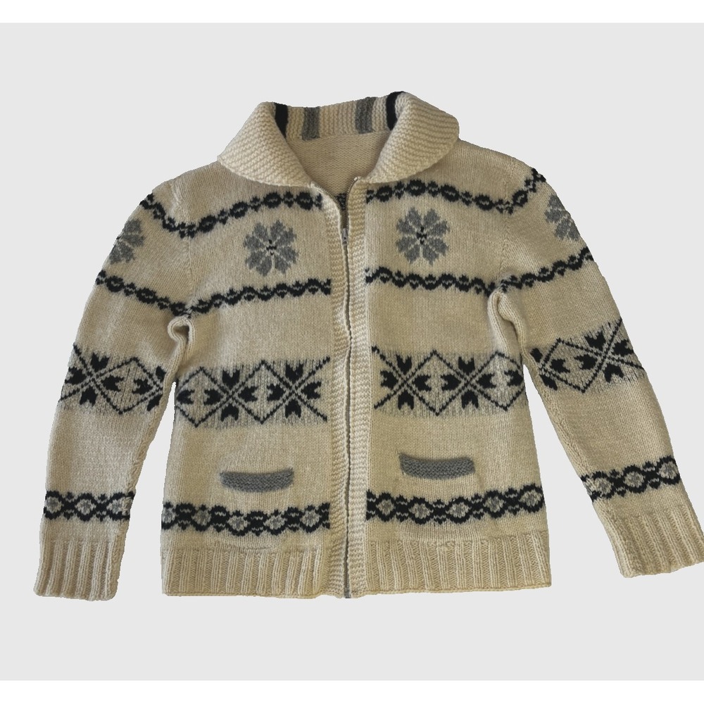 Vintage Cowichan Style Hand Knit Wool Cardigan Cream Black Zip Shawl Collar M